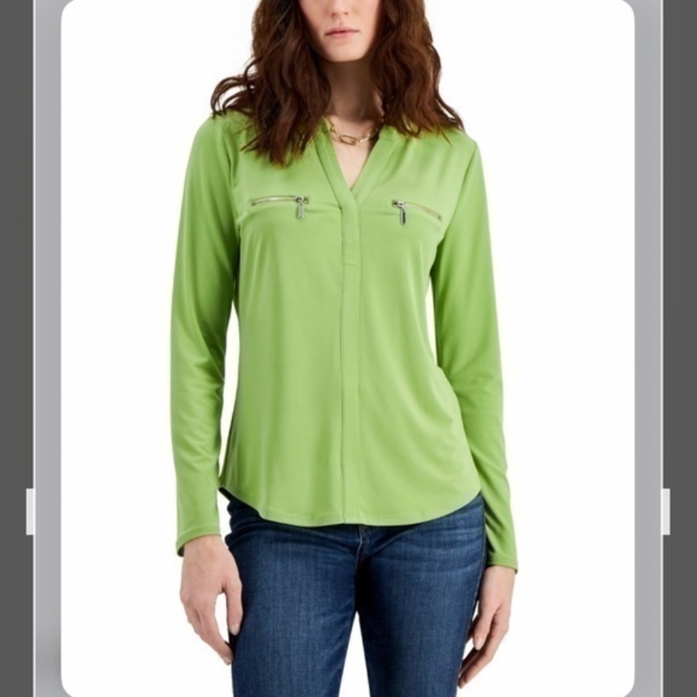 INC INTERNATIONAL CONCEPTS Women's Zip-Pocket Blouse in Lush Moss Size S
